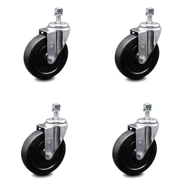 5 Inch Soft Rubber Wheel Swivel 12mm Threaded Stem Caster Set